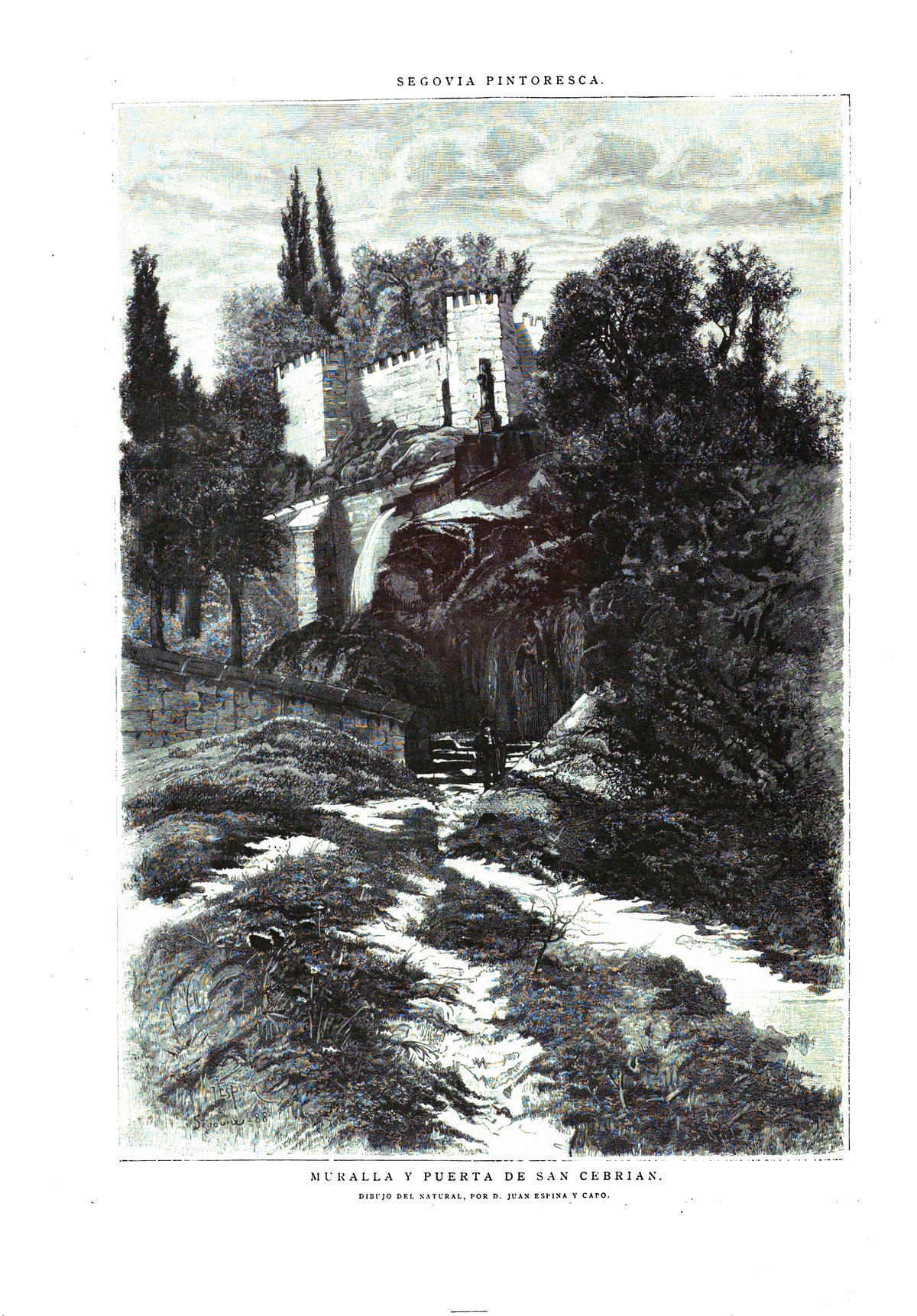 Historic drawing of Segovia's picturesque city wall and San Cebrián gate