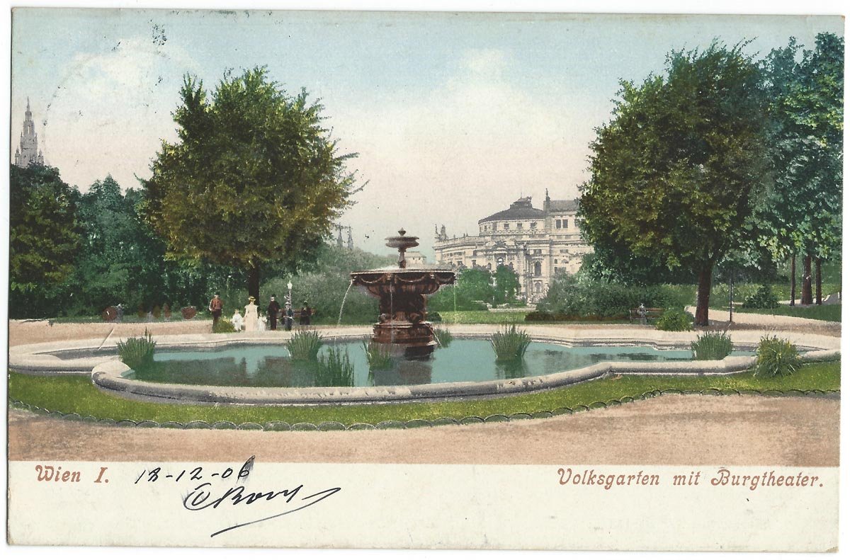 Early 20th century view of Vienna showcasing Volksgarten and Burgtheater