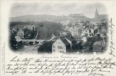 View from Österberg on Tübingen with the Eberhardsbrücke bridge over the Neckar river, including Neckarvorstadt, Platanenallee, Dernedinger Mühlbach, Hohentübingen castle and Stiftskirche church.
