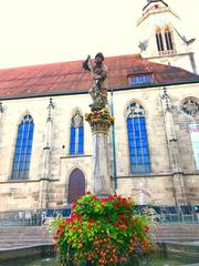 Georgsbrunnen fountain in Tübingen with statue of Saint George and the dragon