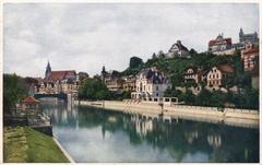 Neckar River in Tübingen with Eberhardsbrücke bridge, Neckarfront, Stiftskirche church, Österberg hill, and Schwabenhaus building