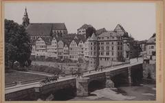 View of Tübingen Neckarfront with the old Neckar bridge and Stiftskirche church