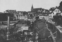 Historic view of Gartenstraße street in Tübingen with Café-Restaurant Neckarmüllerei and historic buildings including the photographer Paul Sinner's house