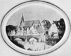 Historic black and white salt print photo of Neckarbrücke bridge and Neckarfront riverside in Tübingen around 1858