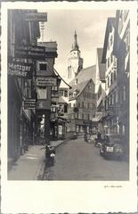 Tübingen Neckargasse street view with Stiftskirche tower