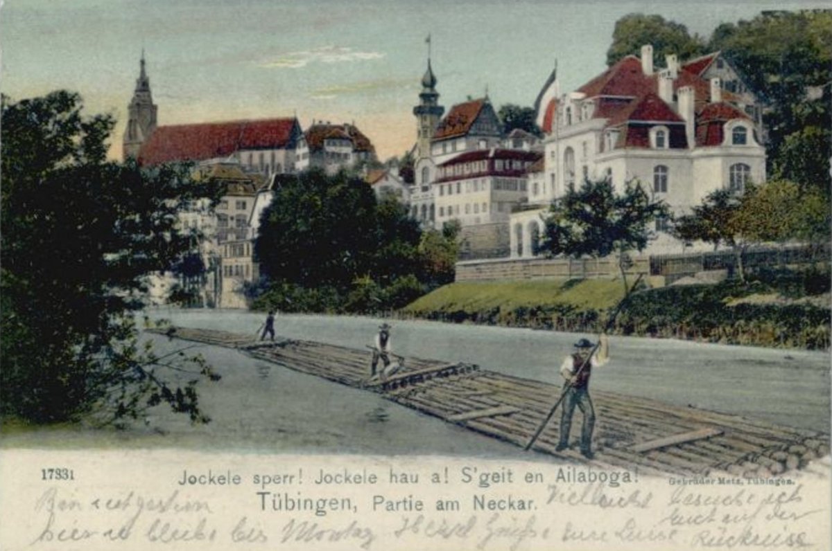 Raftsmen on the Neckar River in Tübingen with a colorized photographic background