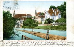 Flößer on the Neckar River in Tübingen on a historical postcard