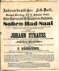 Poster announcing a grand carnival ball called 'Eine Carnevals-Festnacht der Najaden im Sofien-Bad-Saal' held on February 2, 1847, conducted by Johann Strauss Jr.