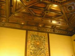 Interior courtroom of the Palace of Justice in Vienna with wooden benches and ornate decorations