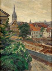 Summer city view of Düsseldorf with the tower of St. Lambertus