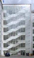 Interior staircase of the Austrian Postsparkasse building courtyard facing east