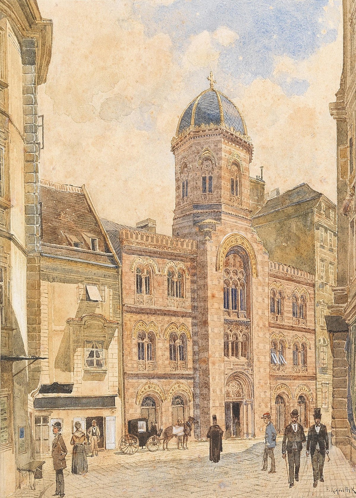 Greek Orthodox Church at Fleischmarkt in Vienna watercolor painting by Franz Kopallik