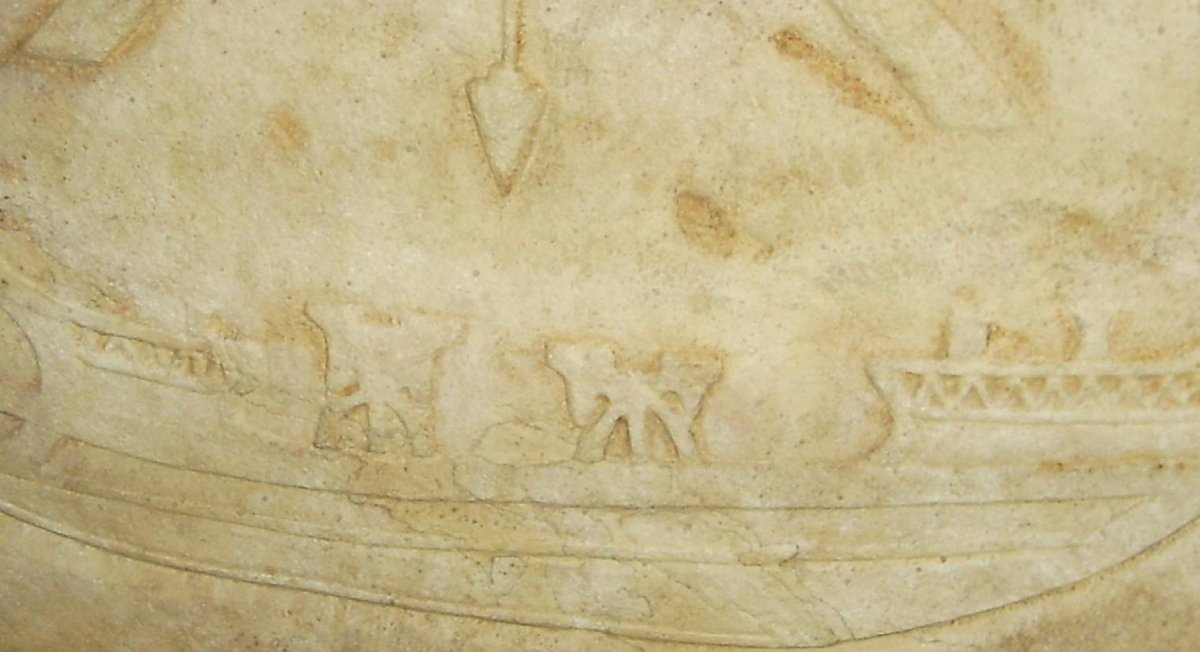Ancient Roman ballistae mounted on a ship, detailed cast of Trajan's Column at Mainz