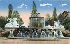 Historic postcard of Wittelsbacher Brunnen fountain in Munich dated February 7, 1915