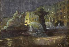 Wittelsbacher Brunnen fountain in Munich at night with illuminated water and statues