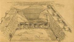 Roman baths drawing of Chamiers sanctuary in Dordogne, France