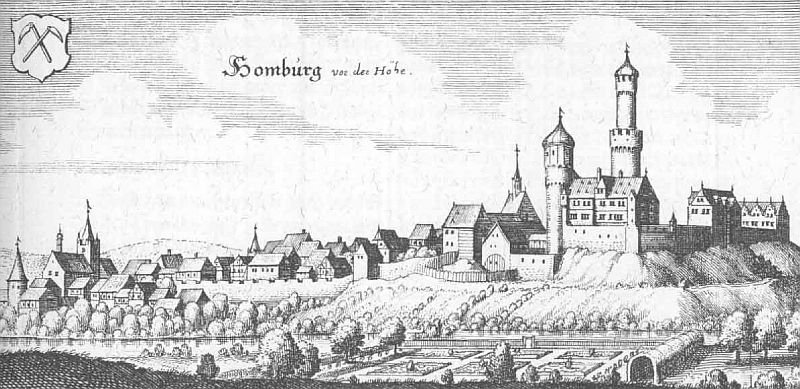 Panoramic view of Bad Homburg, a historic spa town in Germany with traditional buildings and a castle