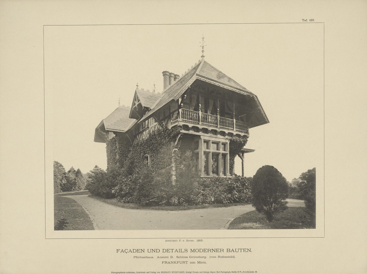 Photographic lithograph of modern building facades and details from 1886