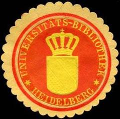 Sealing stamp from Universitäts-Bibliothek Heidelberg with red embossed details on light yellow background
