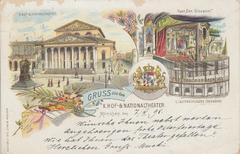 Historic postcard featuring Munich's K. Hof- und Nationaltheater and Residenztheater with stage turntable for Don Giovanni opera in 1898