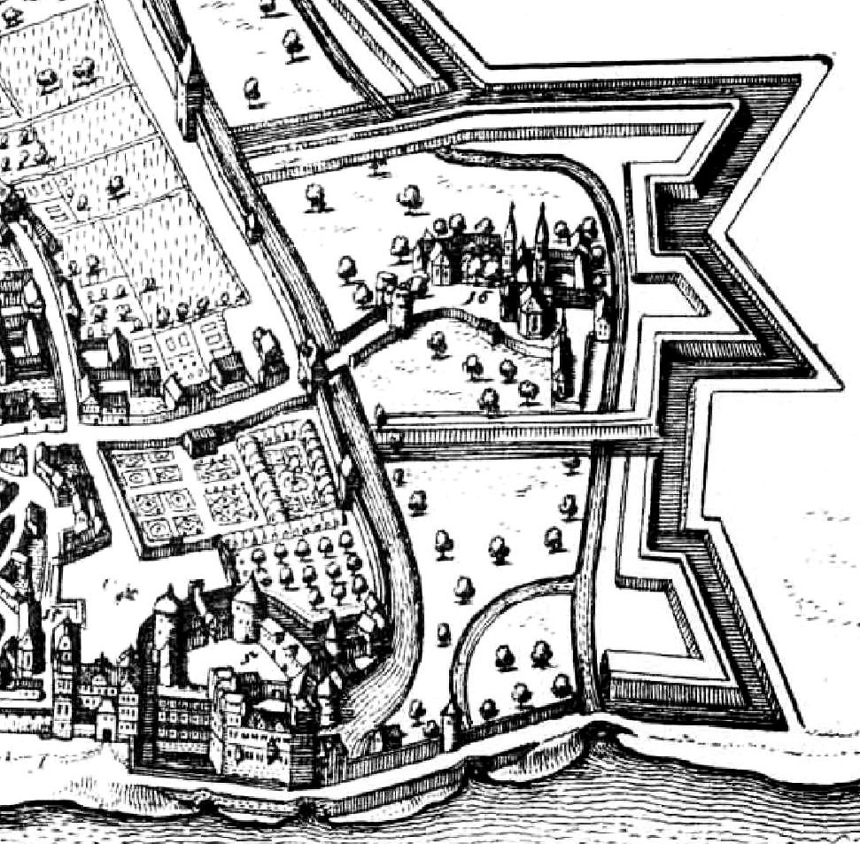 Historical map detail of Mainz in 1646 showing St. Peter's Abbey between old city walls and outer fortifications
