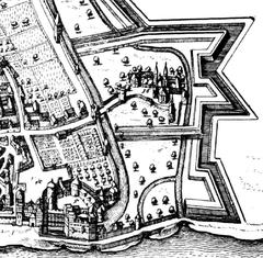 Historical map detail of Mainz in 1646 showing St. Peter's Abbey between old city walls and outer fortifications