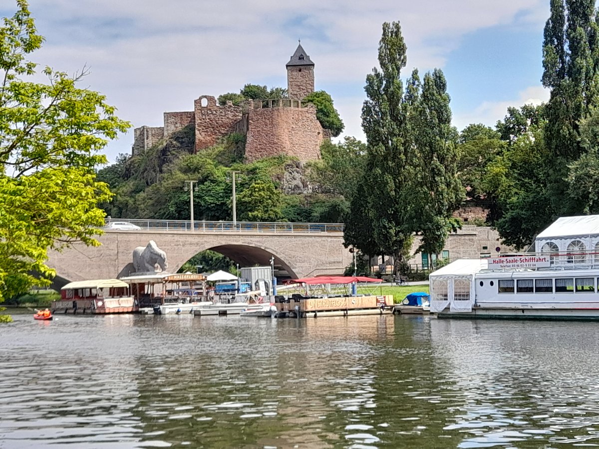 Flöße and the event ship Stadt Halle at the riverbank near Kröllwitzer Brücke bridge in Halle (Saale)