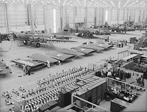 Boeing B-17F Flying Fortress bombers production line at Seattle in October 1942 with serial numbers blackened