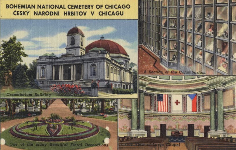 Entrance gate of Bohemian National Cemetery Association in Chicago under a clear sky