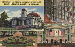 Entrance gate of Bohemian National Cemetery Association in Chicago under a clear sky