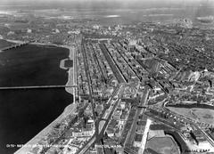 Aerial view of Boston Massachusetts cityscape showing downtown buildings and waterfront