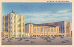 Early postcard of North Station in Boston from 1928 showing a stylized view with missing elevated transit lines and narrower Causeway Street