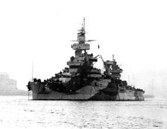 USS Arkansas (BB-33) battleship off Boston Navy Yard in 1944 with Measure 31a, Design 7B camouflage