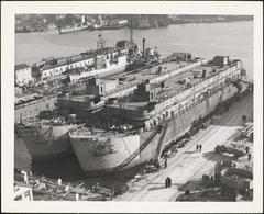 APB-38 and APB-39 naval vessels under construction at New York Navy Bos in July 1945