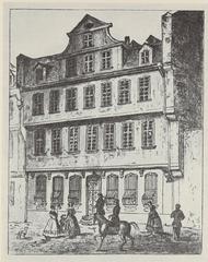 1844 depiction of the Goethe House in Frankfurt am Main with people walking in the foreground