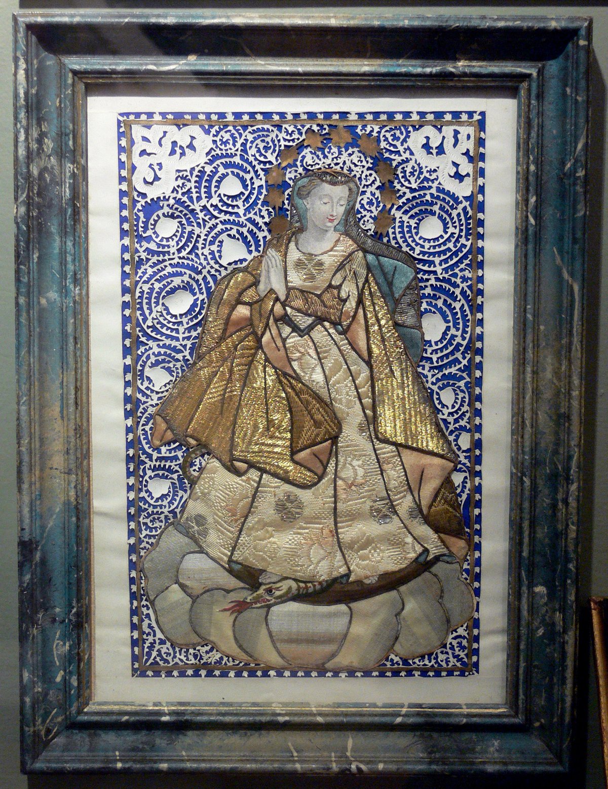 Embroidery artwork depicting Immaculata from Kloster Lichtenthal circa 1750, displayed at Museum für Klosterkultur Weingarten
