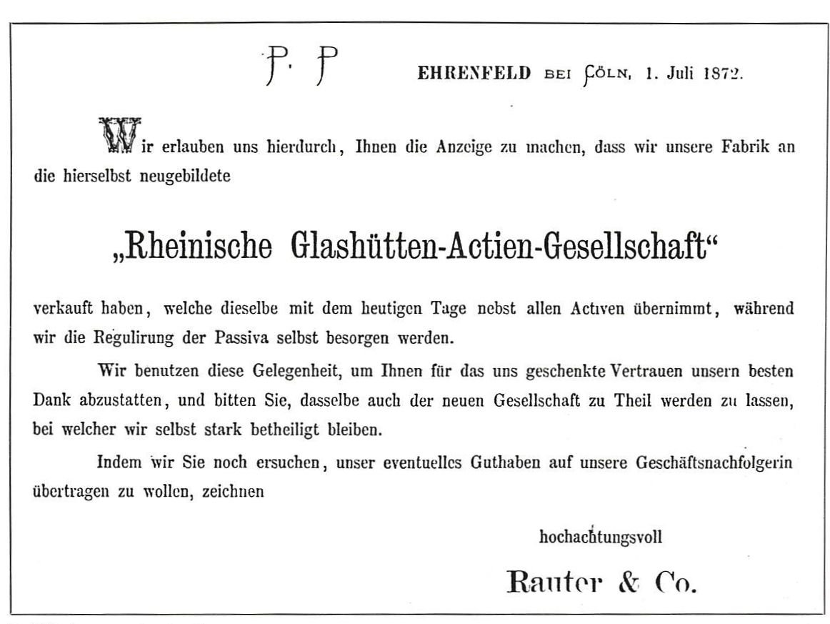 Advertisement of the founding of Rheinische Glashütten AG glassworks company