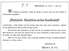 Advertisement of the founding of Rheinische Glashütten AG glassworks company