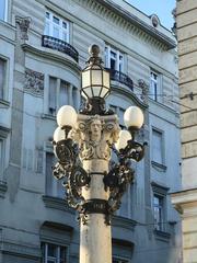 Budapest Vígszínház streetlamp at dusk