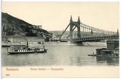 Historic image of Donaubrücke bridge with steamship in Budapest, 1905