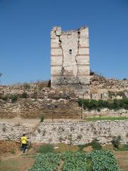 Restored section of the Theodosian Walls in Constantinople showing ancient stone fortifications