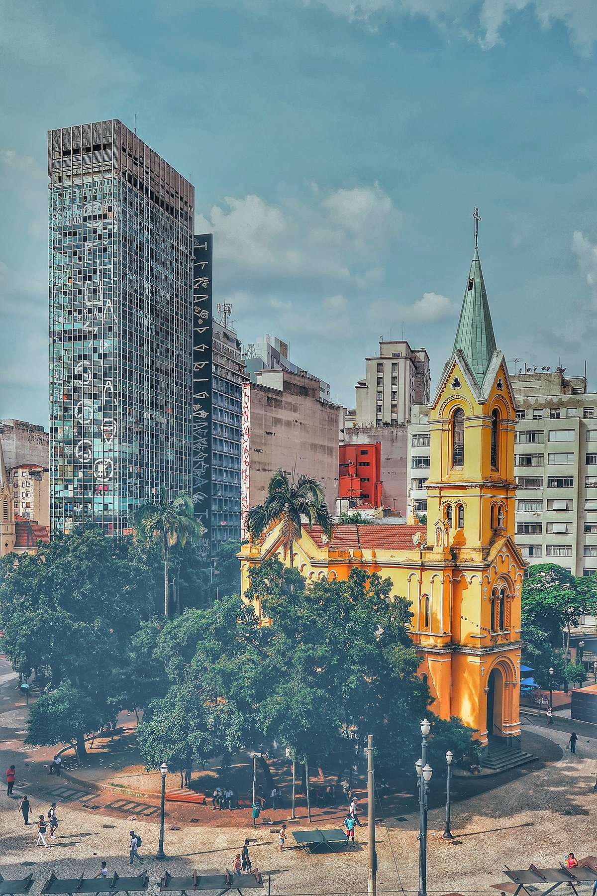 Largo do Paissandú square in São Paulo with historical buildings and people walking