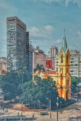 Largo do Paissandú square in São Paulo with historical buildings and people walking