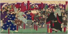Woodblock print of incense offering ceremony for Oda Nobunaga at Daitoku-ji Temple featuring historical samurai figures
