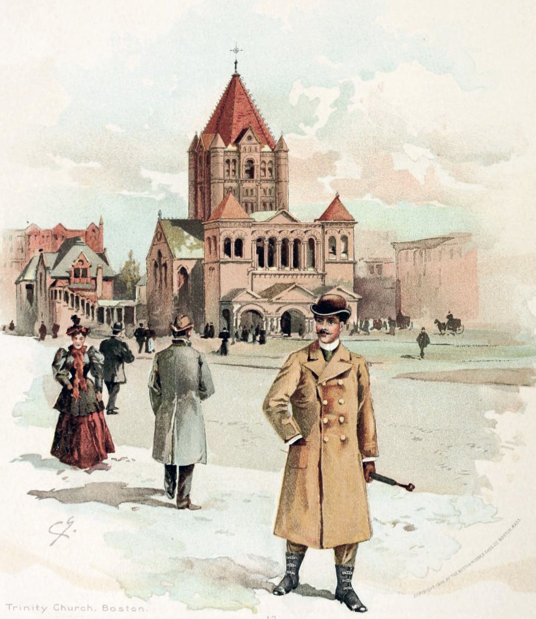 Idealized 19th century illustration of Copley Square in Boston featuring H. H. Richardson's Trinity Church