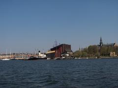Djurgarden island view from Djurgardsfarjan ferry in Stockholm with Vasamuseet and Nordiska museet in spring