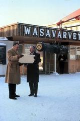Prince Bertil of Sweden standing outside Wasavarvet shipyard alongside Fred Arnell, CEO of Wasanämnden, in 1962