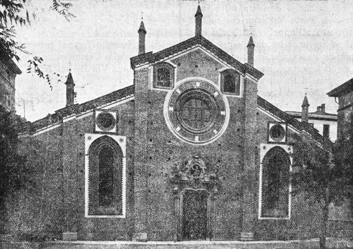 Front view of San Pietro in Gessate church with Baroque portal before restoration