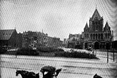 Historic view of Copley Square in Boston during the 1920s showing vintage buildings and street activity