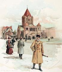 Idealized 19th century illustration of Copley Square in Boston with H. H. Richardson's Trinity Church